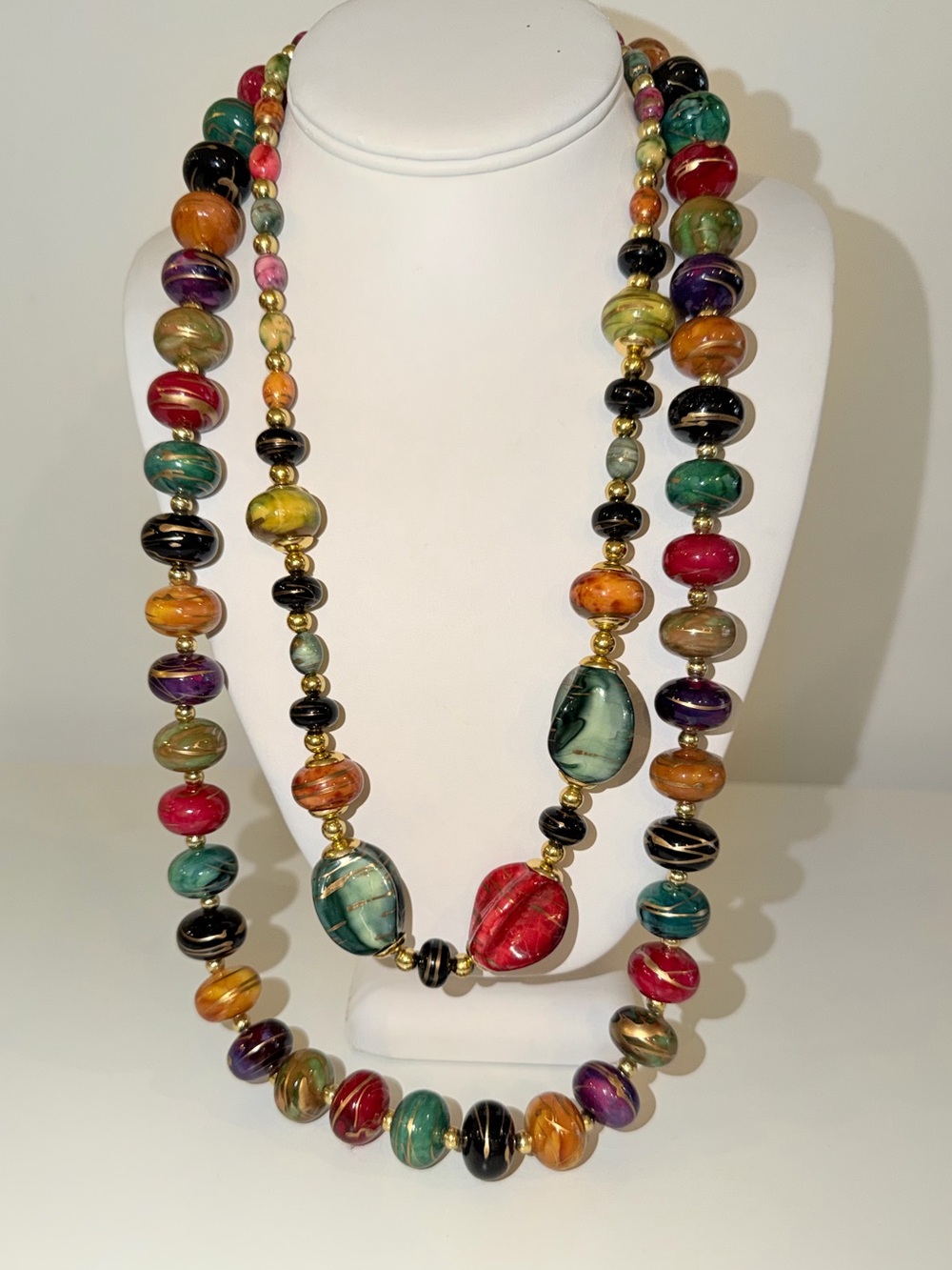 Vintage Two Chunky Multicolor Marble Bead With Gold-Tone Swirl Necklaces